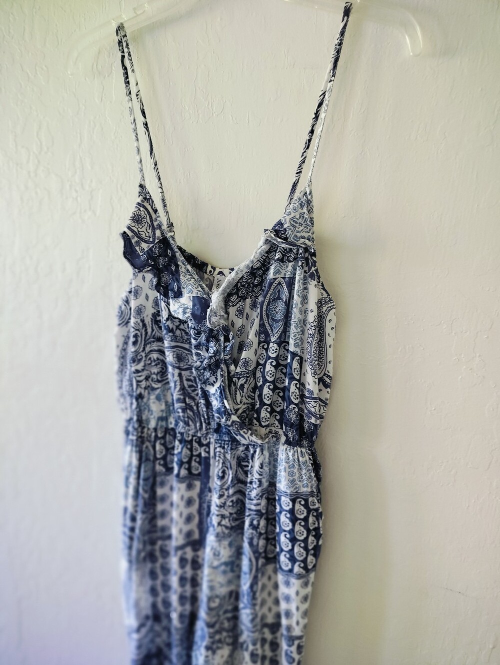 Paisley Print Wide Leg Jumpsuit Blue & White Sleeveless Cami Surplice Neck Large